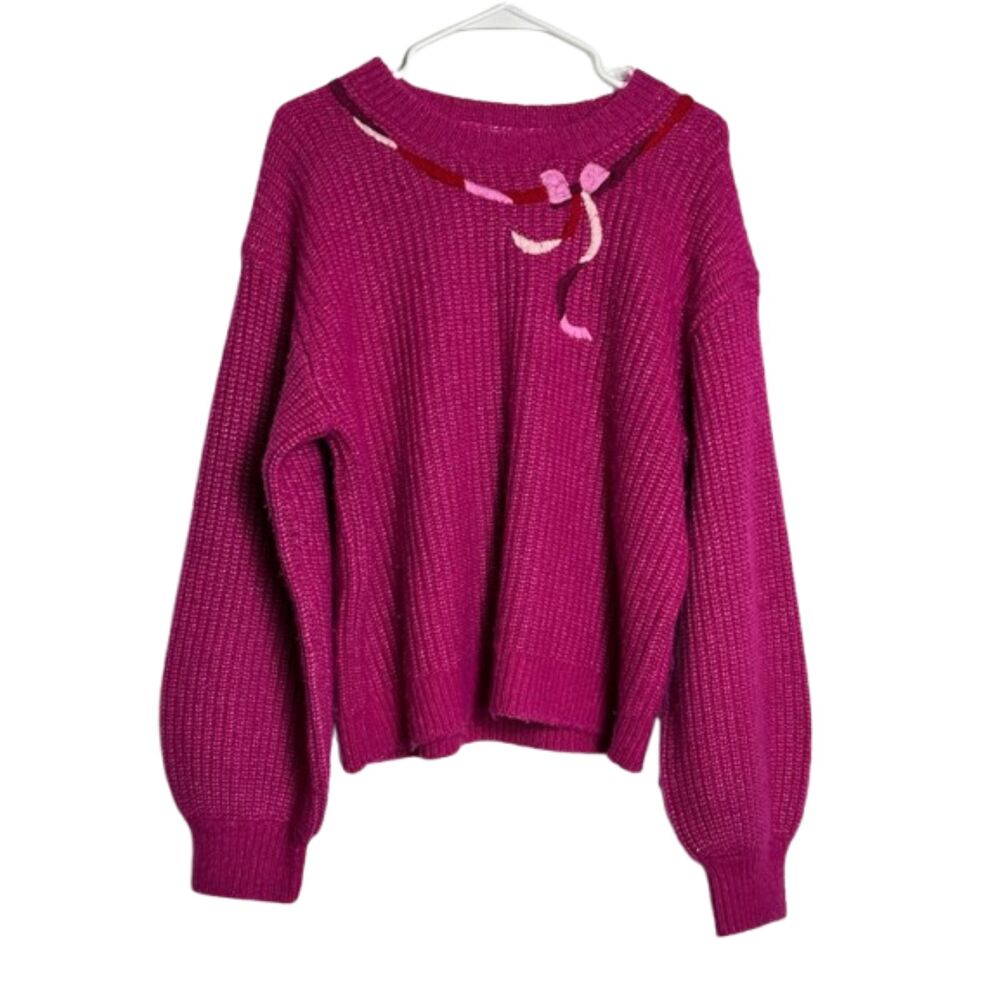 Kate Spade New York Magenta Wool Knit Bow Sweater Womens XL Puff Sleeve Pink